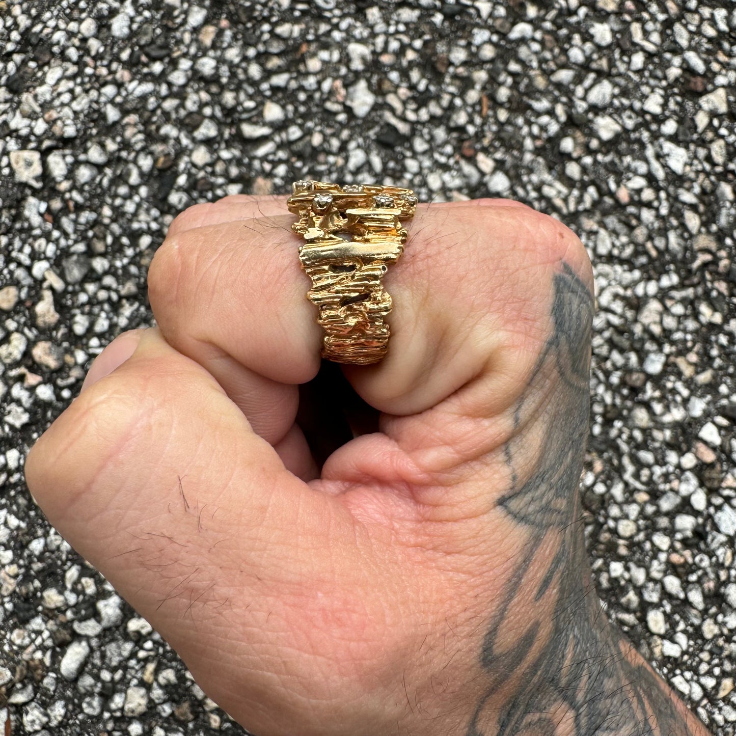 Vintage Solid 14k Yellow Gold Designer Made Heavyweight .50CTW Natural Diamond Cluster Brutalist Ring (10.5)