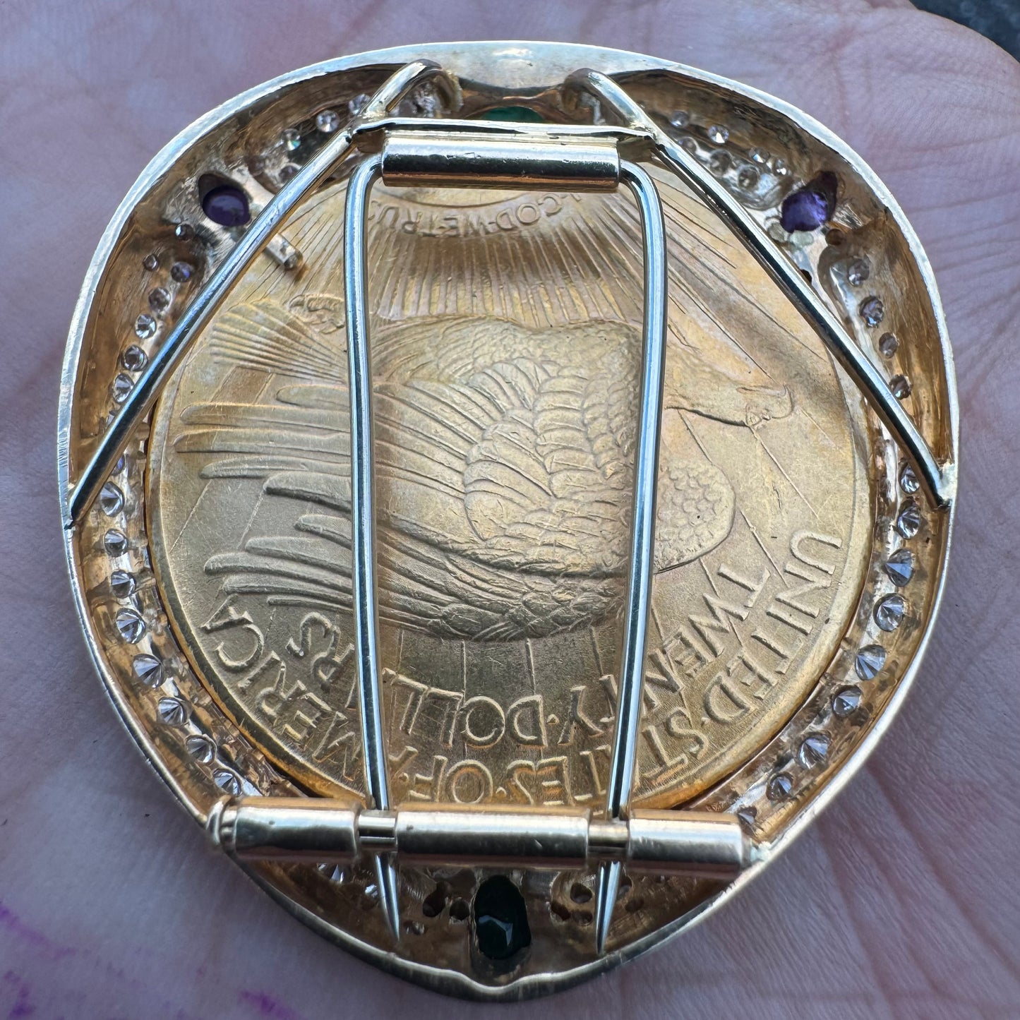 1924 St. Gaudens $20 Double Eagle 1oz Gold Coin Natural Diamond, Emerald, And Amethyst Encrusted Pendant