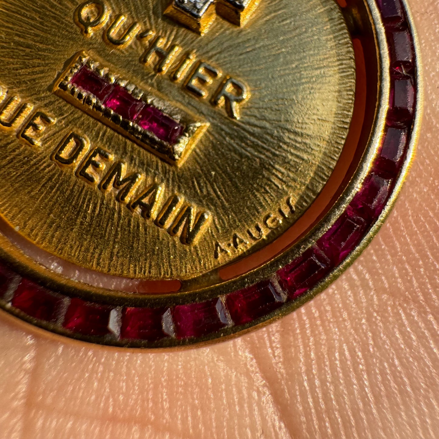 Mid-Century French 18k Yellow Gold Natural Diamond And Ruby A.Augis Love Poem Medallion (27MM)