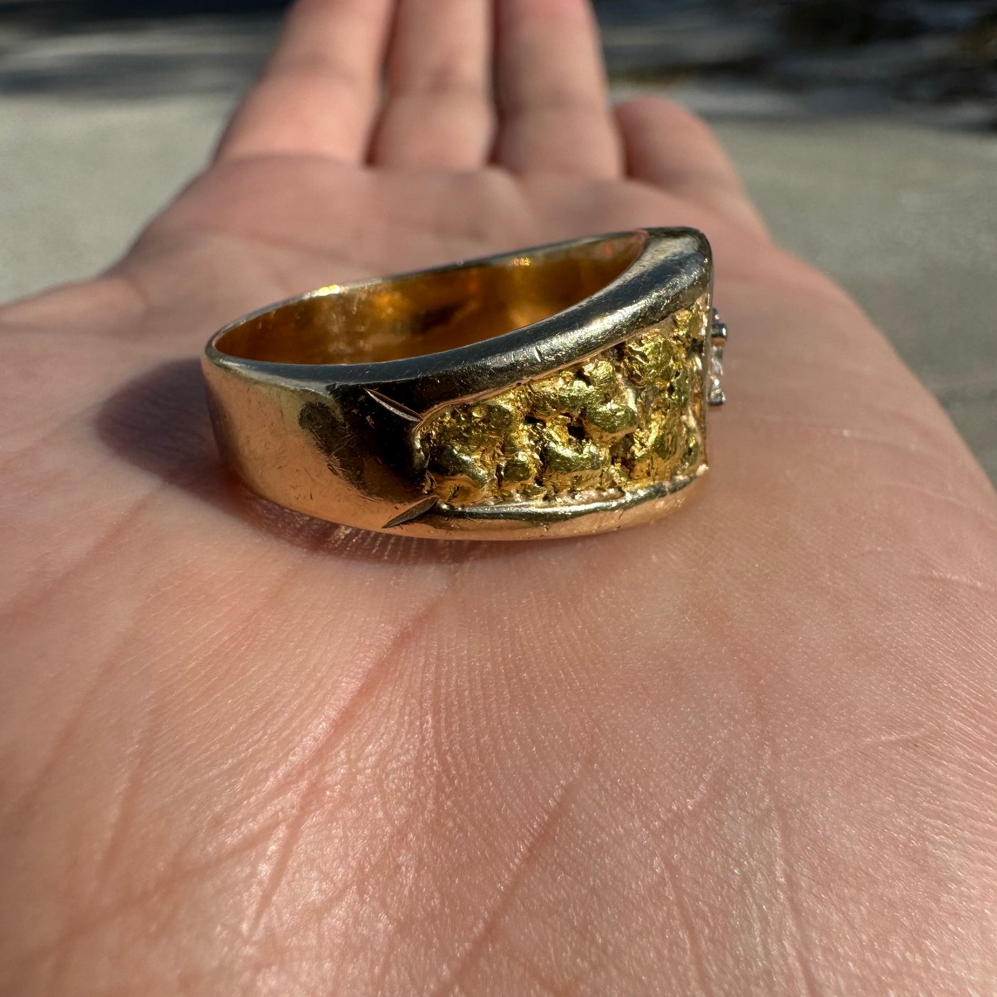 Vintage 14k Yellow Gold Raw 24k Nugget Inlaid .50Ct Natural Diamond Ring (11.5)