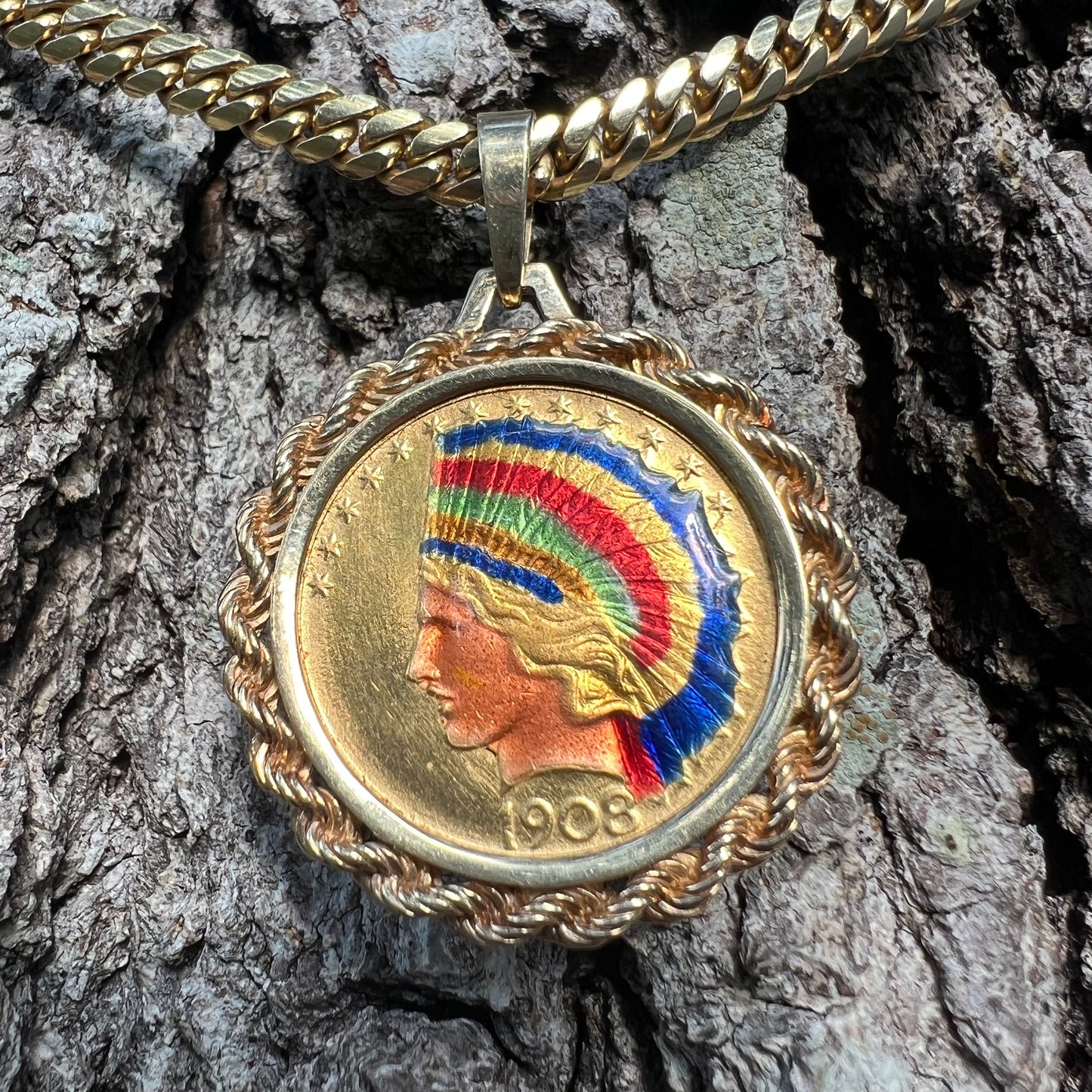 1908 “No Motto” $10 Indian Head Glass Enameled Coin Pendant