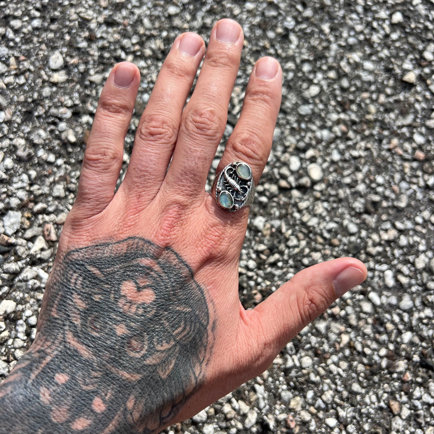 Circa 1960’s Solid Backed Sterling Silver Scorpion And Opal Southwestern Signet Ring (9.5)