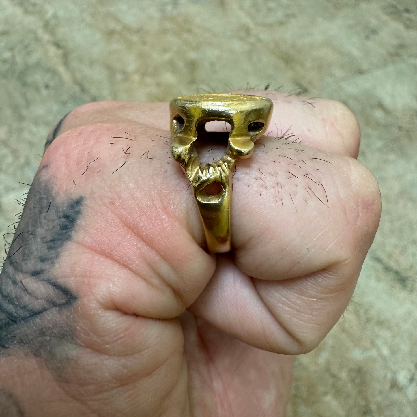 1945 22k Gold Mexican Dos Pesos 14k Yellow Gold Brutalist Nugget Coin Ring (6.5)