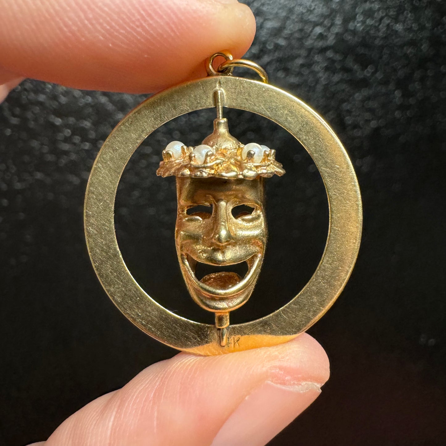 Mid Century 14k Yellow Gold Laugh Now Cry Later Spinner Pendant