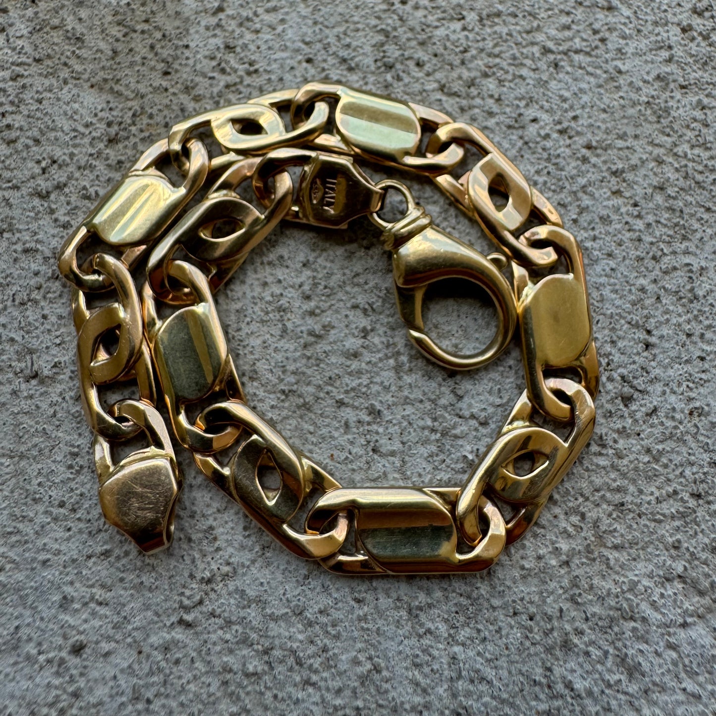 Vintage Solid 14k Italian Gold Tigers Eye Mariner Link Heavy Duty Bracelet (8.75”)