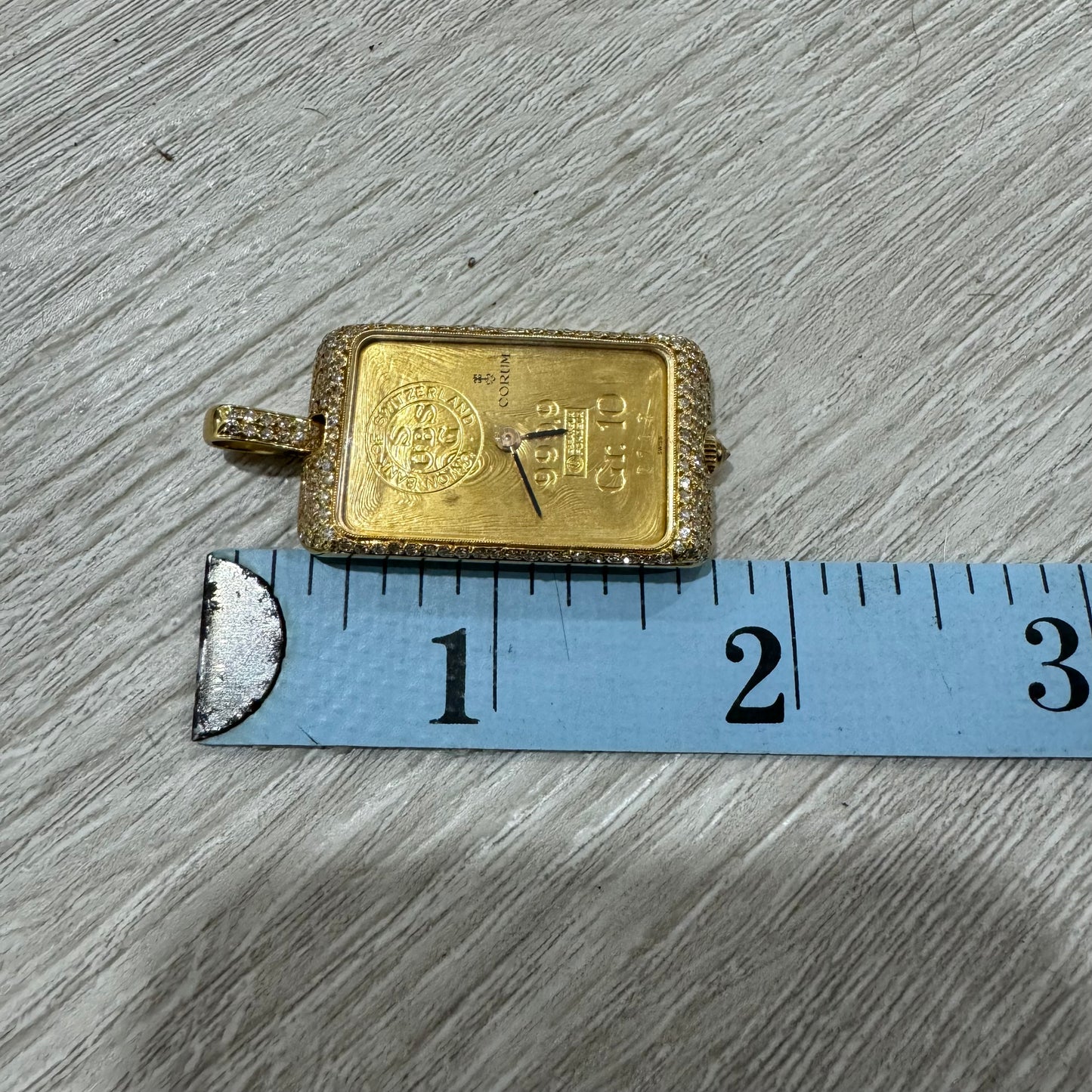 Rare 1980’s Corum UBS 10 Gram Pure 999.9 Gold Ingot Bar Diamond Watch Pendant