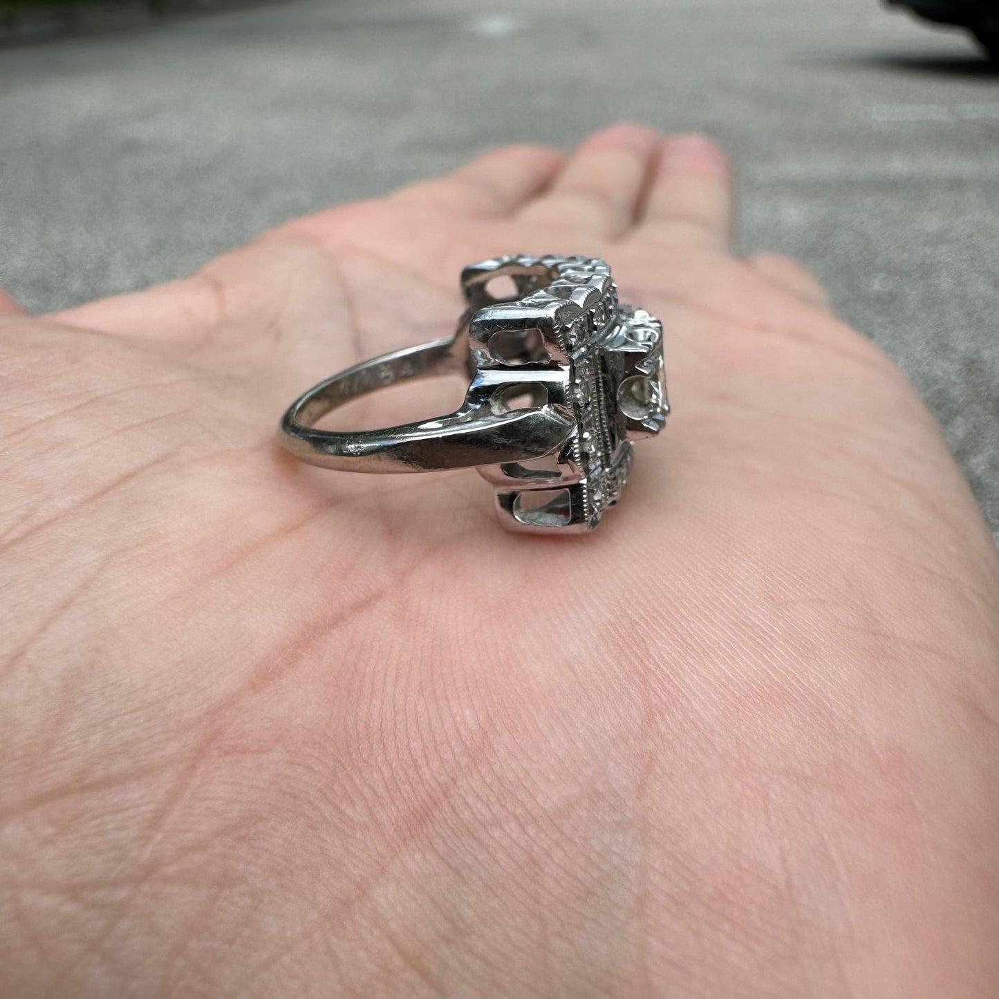 Circa 1930’s-1950’s 14k White Gold .95CTW VS Clarity Natural Diamond Art Deco Ring (5.25)