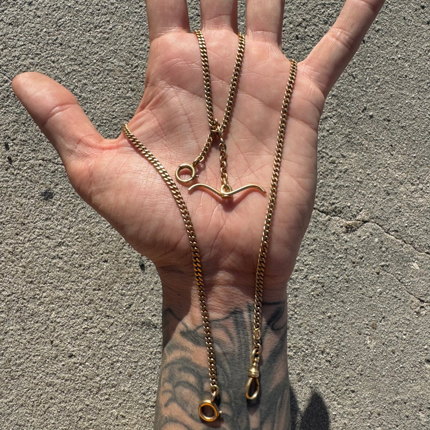 1922 Solid 14k Buttery Yellow Gold Sliding Double Albert Curb Link Watch Chain Necklace (22.25”)