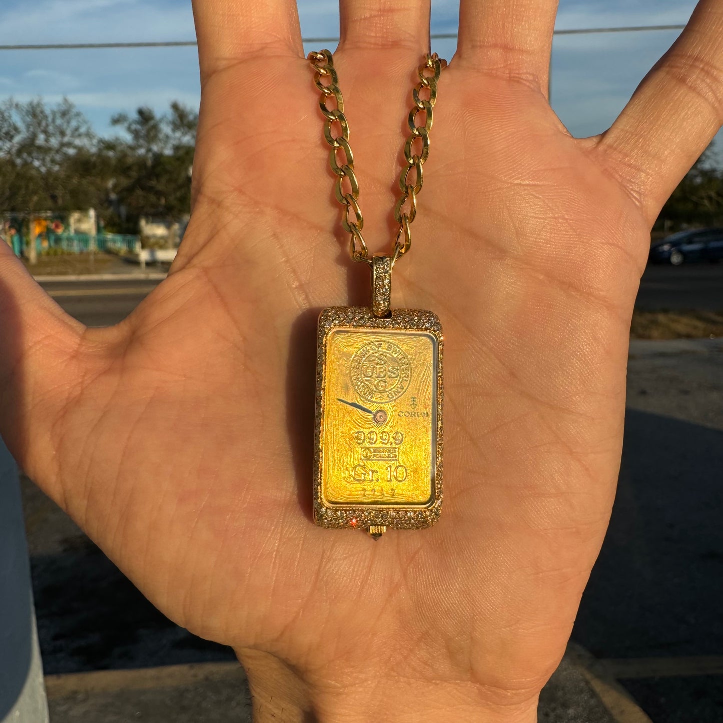 Rare 1980’s Corum UBS 10 Gram Pure 999.9 Gold Ingot Bar Diamond Watch Pendant