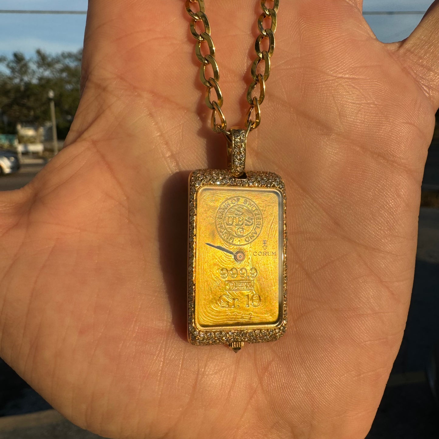 Rare 1980’s Corum UBS 10 Gram Pure 999.9 Gold Ingot Bar Diamond Watch Pendant