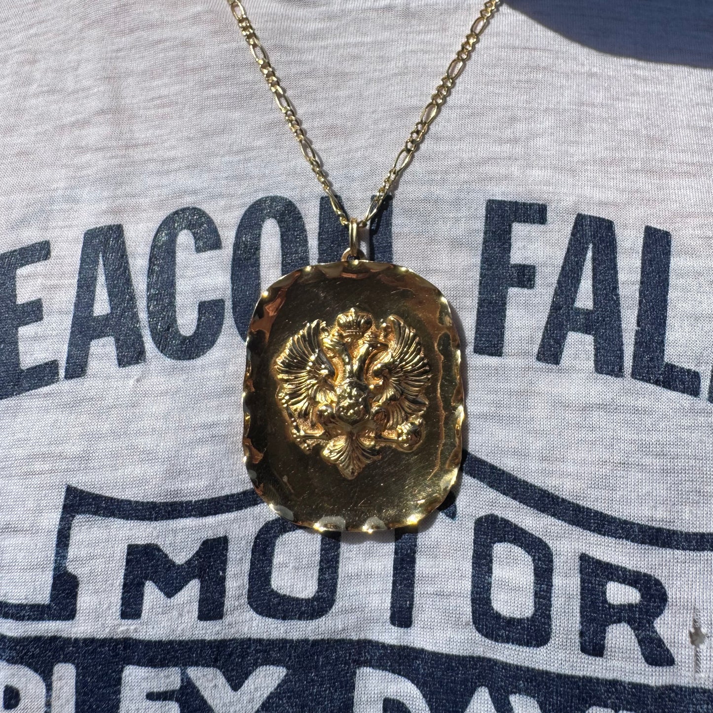 Vintage Designer Handmade Solid 18k Yellow Gold Large Russian Coat of Arms Imperial Double Eagle REPOUSSÉ Pendant