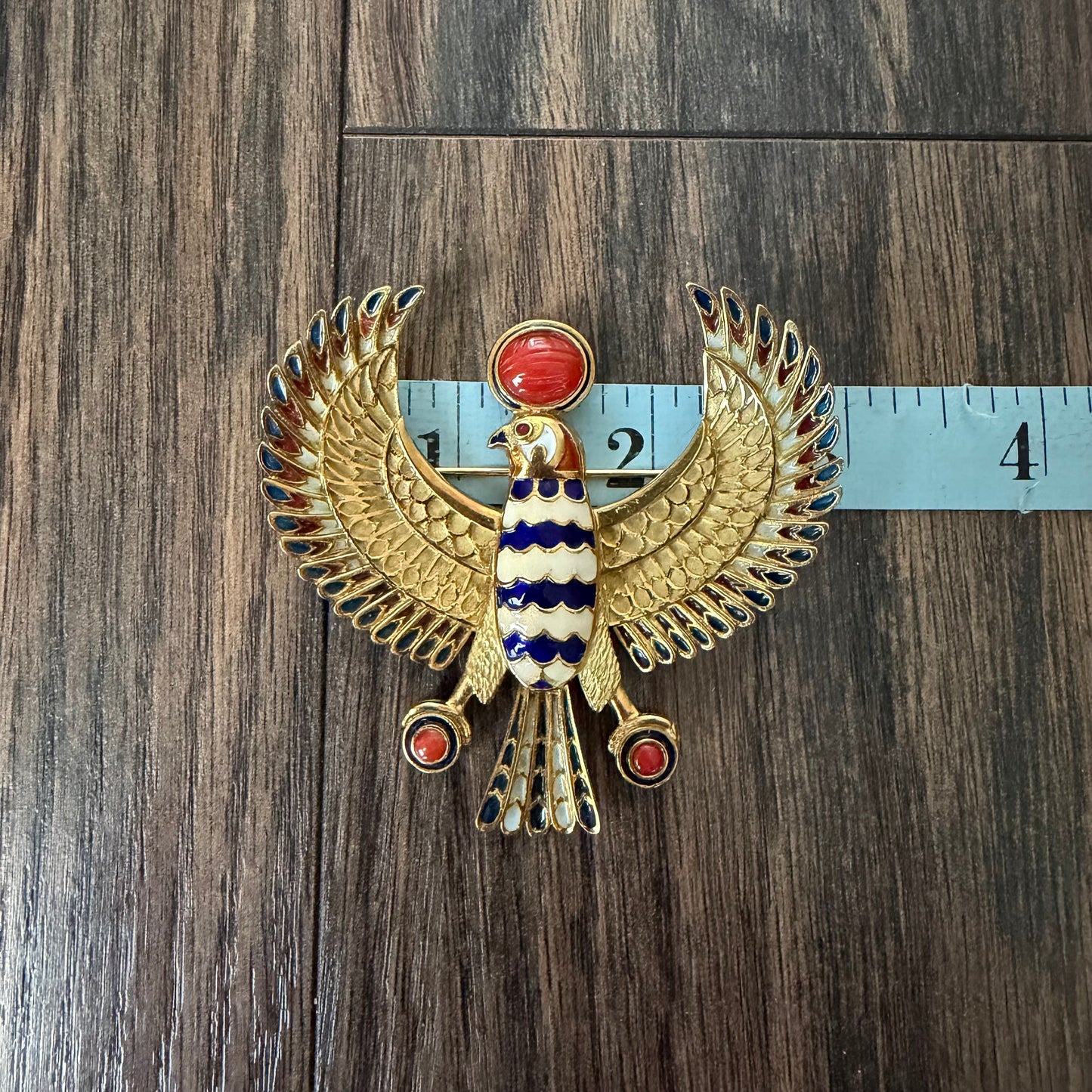 Vintage Solid 18k Yellow Gold Plique-à-Jour Large Egyptian Revival Horus Falcon Pendant/Brooch