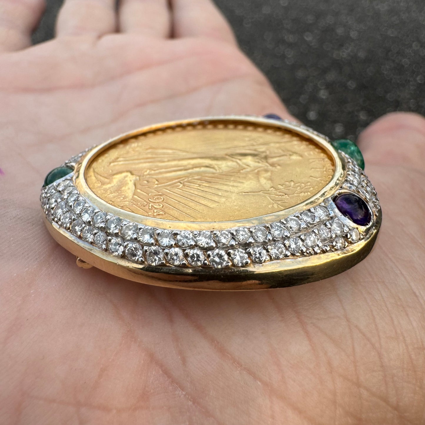 1924 St. Gaudens $20 Double Eagle 1oz Gold Coin Natural Diamond, Emerald, And Amethyst Encrusted Pendant