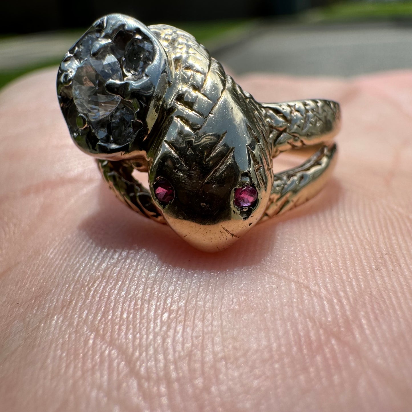 Mid-Century 10k Yellow Gold .45CTW Old Euro Cut Natural Diamond Cluster Snake Ring (8)