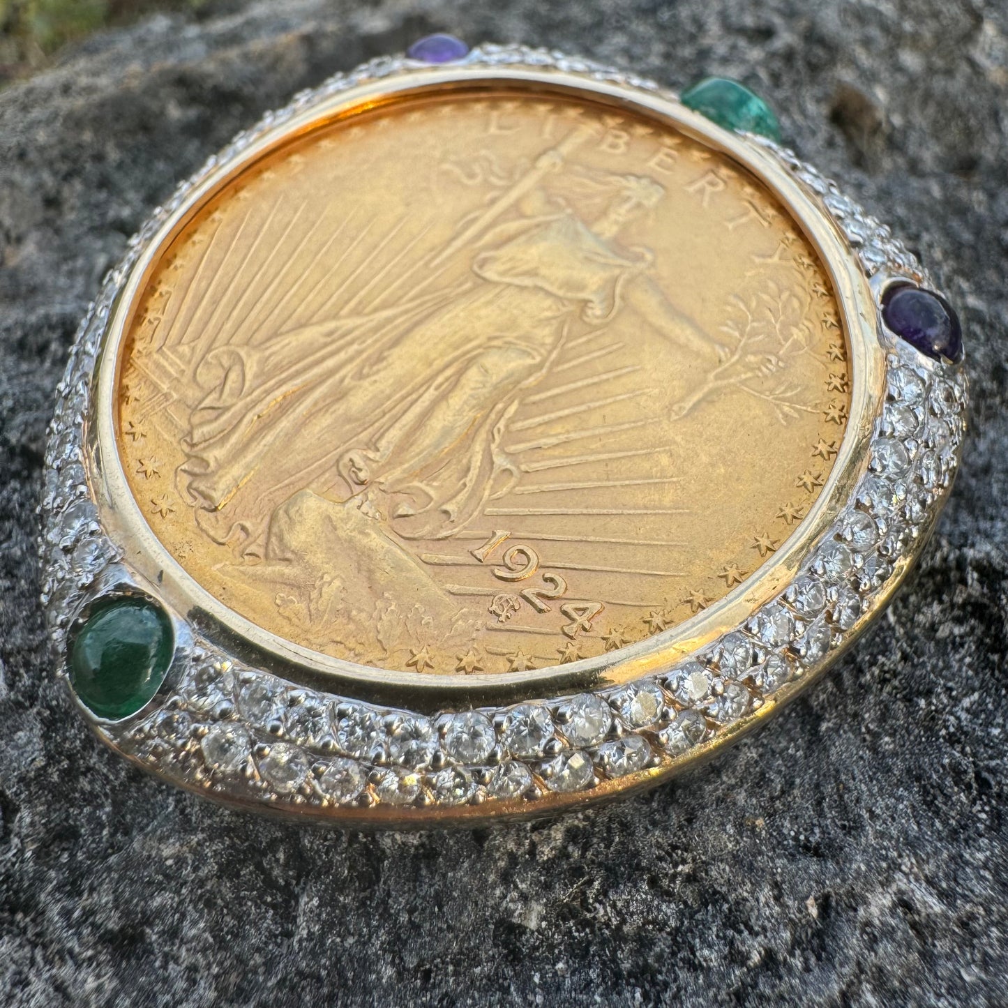 1924 St. Gaudens $20 Double Eagle 1oz Gold Coin Natural Diamond, Emerald, And Amethyst Encrusted Pendant