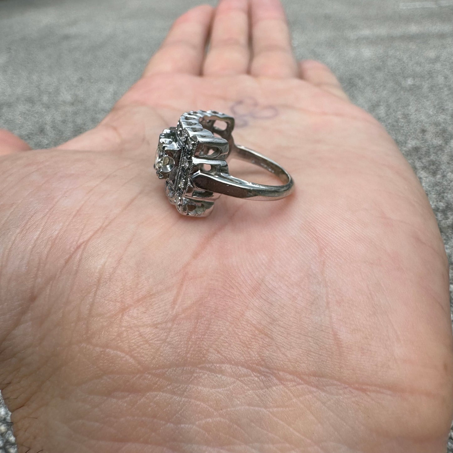 Circa 1930’s-1950’s 14k White Gold .95CTW VS Clarity Natural Diamond Art Deco Ring (5.25)
