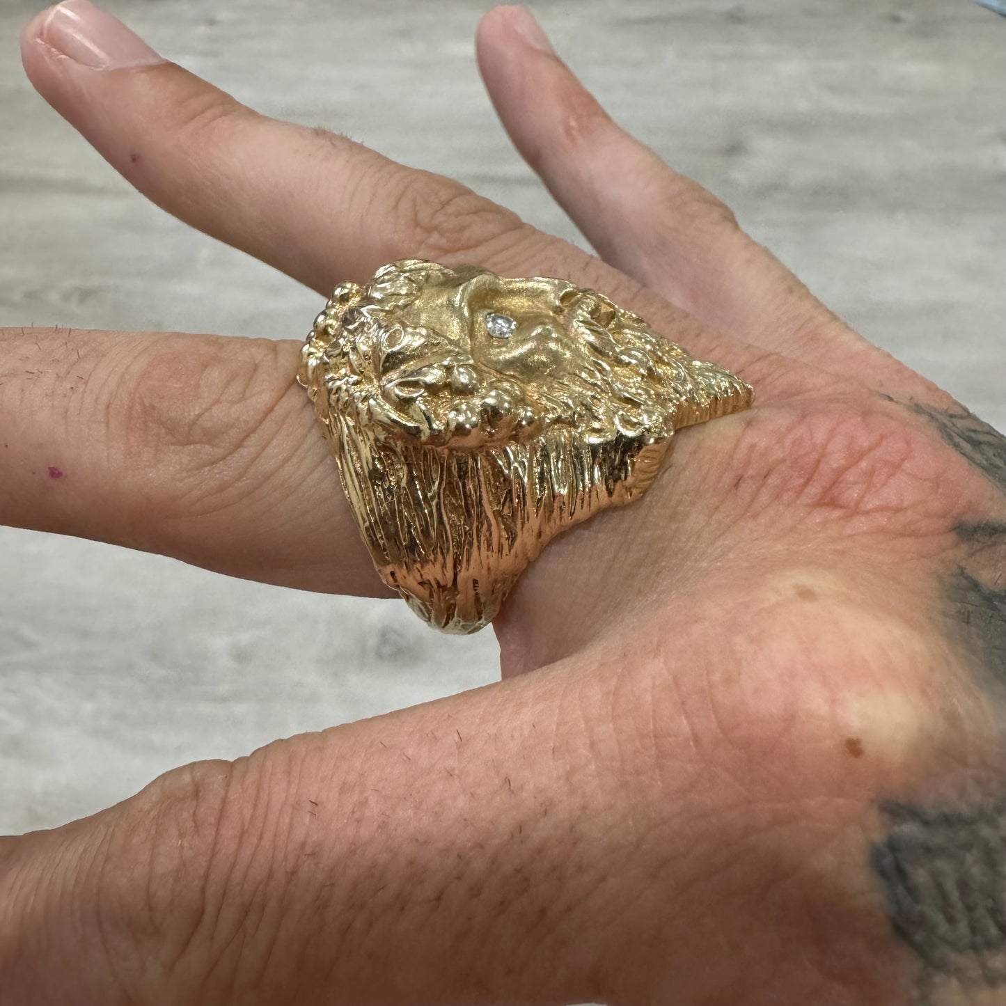 Vintage Custom Made Solid 14k Yellow Gold Natural VS Diamond Heavyweight Dionysus Greek God Ring (11)