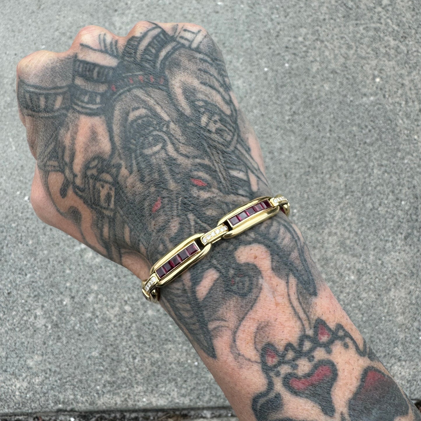 Vintage Custom Solid 18k Yellow Gold 3.0ctw Natural Ruby 1.0ctw Natural Diamond Bracelet (7”)