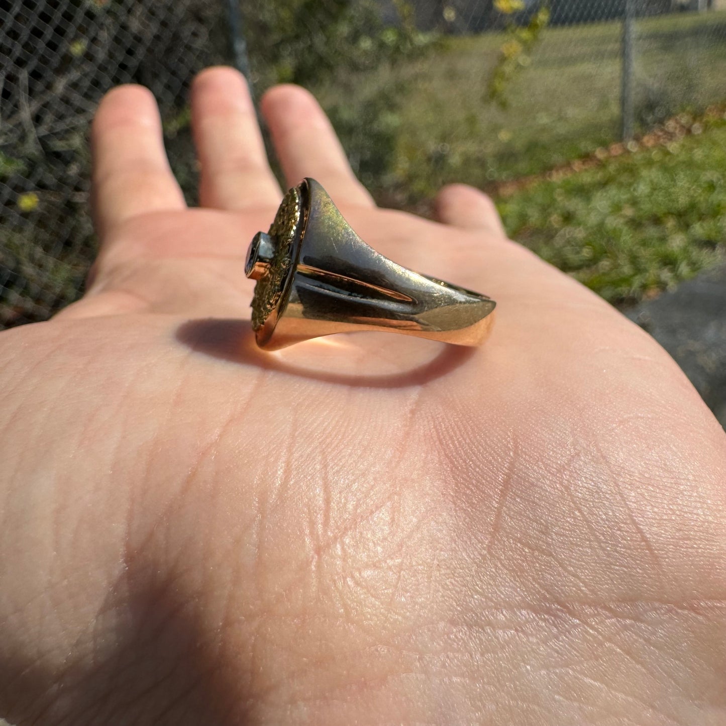 Mid-Century 22k Raw Gold Nugget Natural VS Diamond Solitaire 14k Yellow Gold Comfort Fit Signet Ring (10.5)