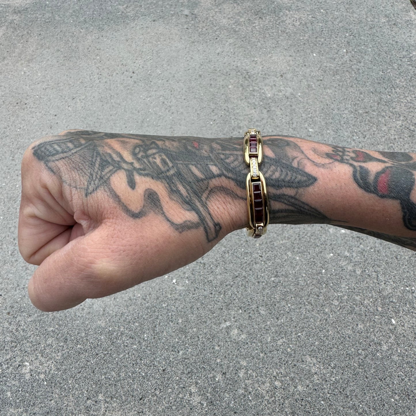 Vintage Custom Solid 18k Yellow Gold 3.0ctw Natural Ruby 1.0ctw Natural Diamond Bracelet (7”)
