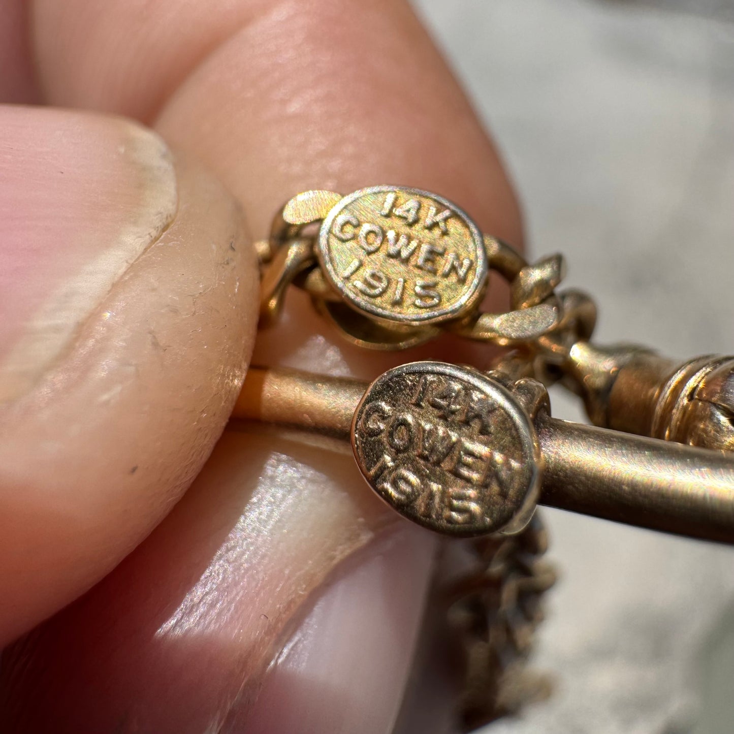 1915 Solid 14k Yellow Gold Double Albert Curb Link Watch Chain Necklace (18.5”)