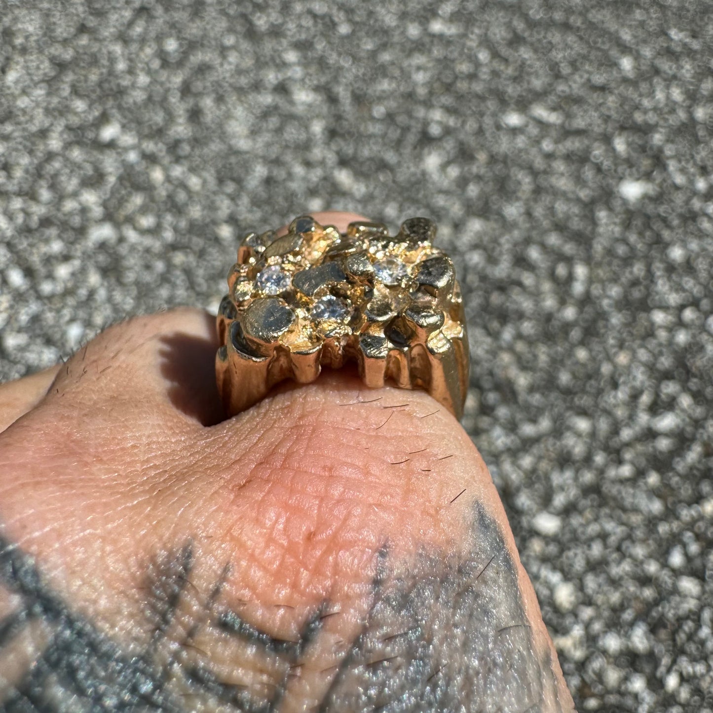 1980’s Solid 14k Yellow Gold Heavyweight .35ctw Diamond Encrusted Nugget Ring (8.5)
