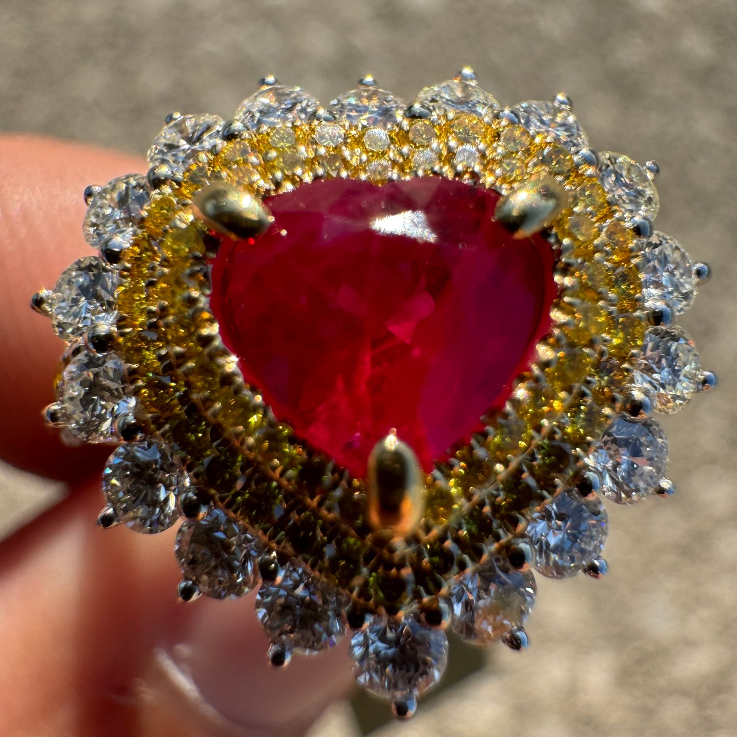 Brand New 18k White Gold 1.2ct Natural Burmese Ruby 1.32ctw Natural VS Yellow And White Diamond Heart Ring (8)