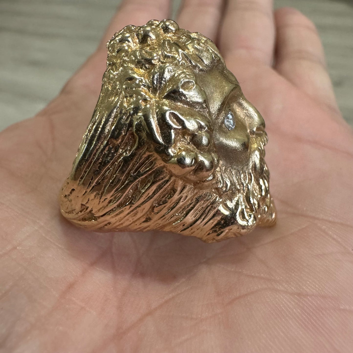 Vintage Custom Made Solid 14k Yellow Gold Natural VS Diamond Heavyweight Dionysus Greek God Ring (11)