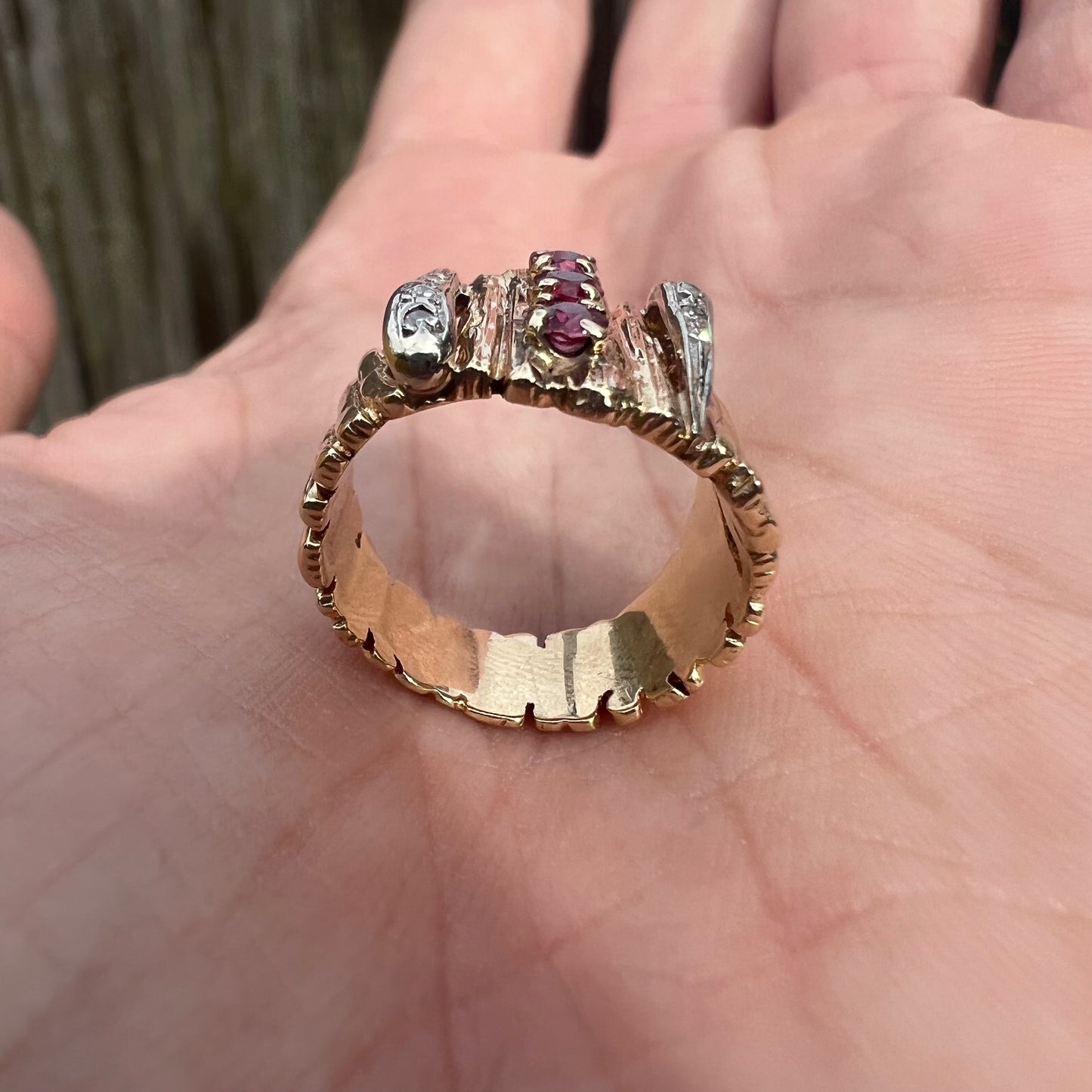 1960’s Custom Solid 14k Yellow Gold Natural Ruby And Diamond Encrusted Brutalist Ring (5)