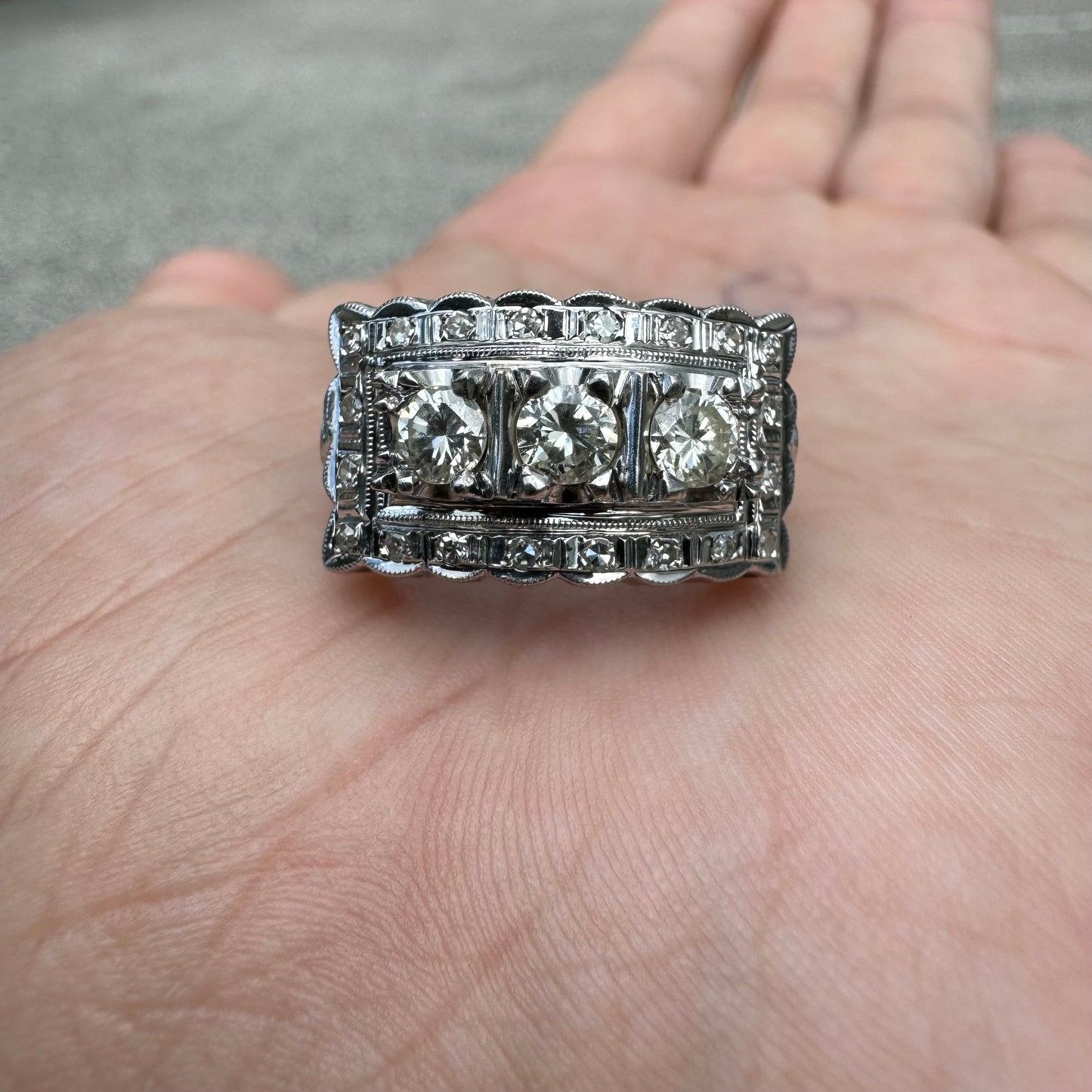 Circa 1930’s-1950’s 14k White Gold .95CTW VS Clarity Natural Diamond Art Deco Ring (5.25)