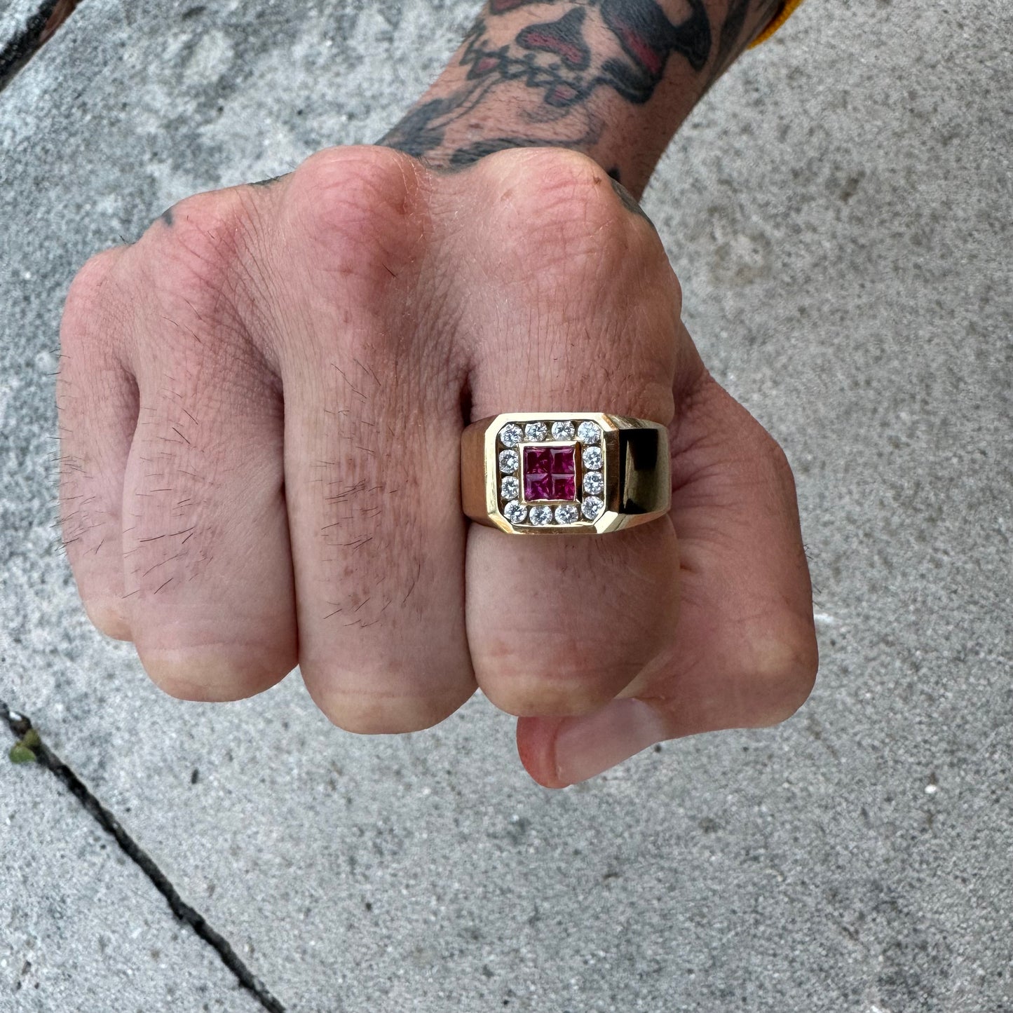 Vintage Custom Made 14k Yellow Gold .60ctw Natural Diamond And .40ctw Ruby Signet Ring (10.75)