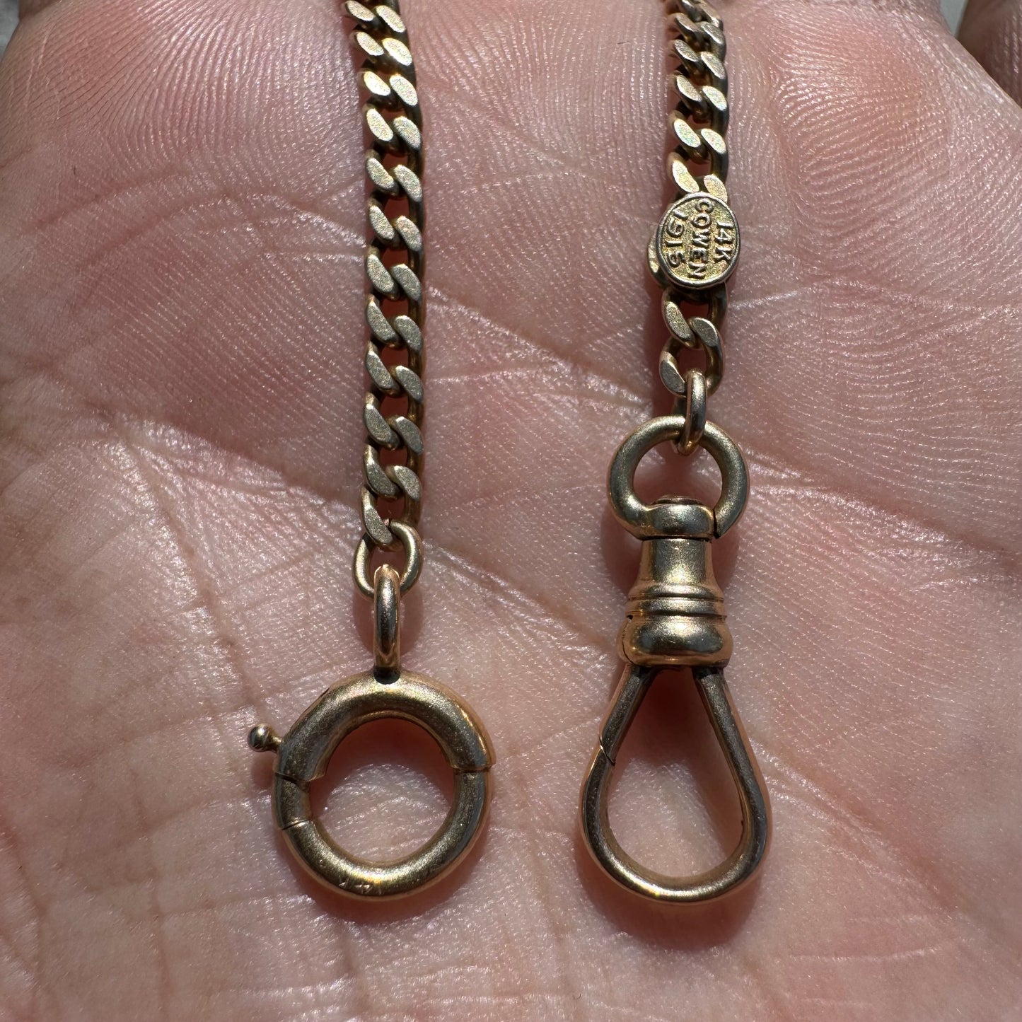 1915 Solid 14k Yellow Gold Double Albert Curb Link Watch Chain Necklace (18.5”)