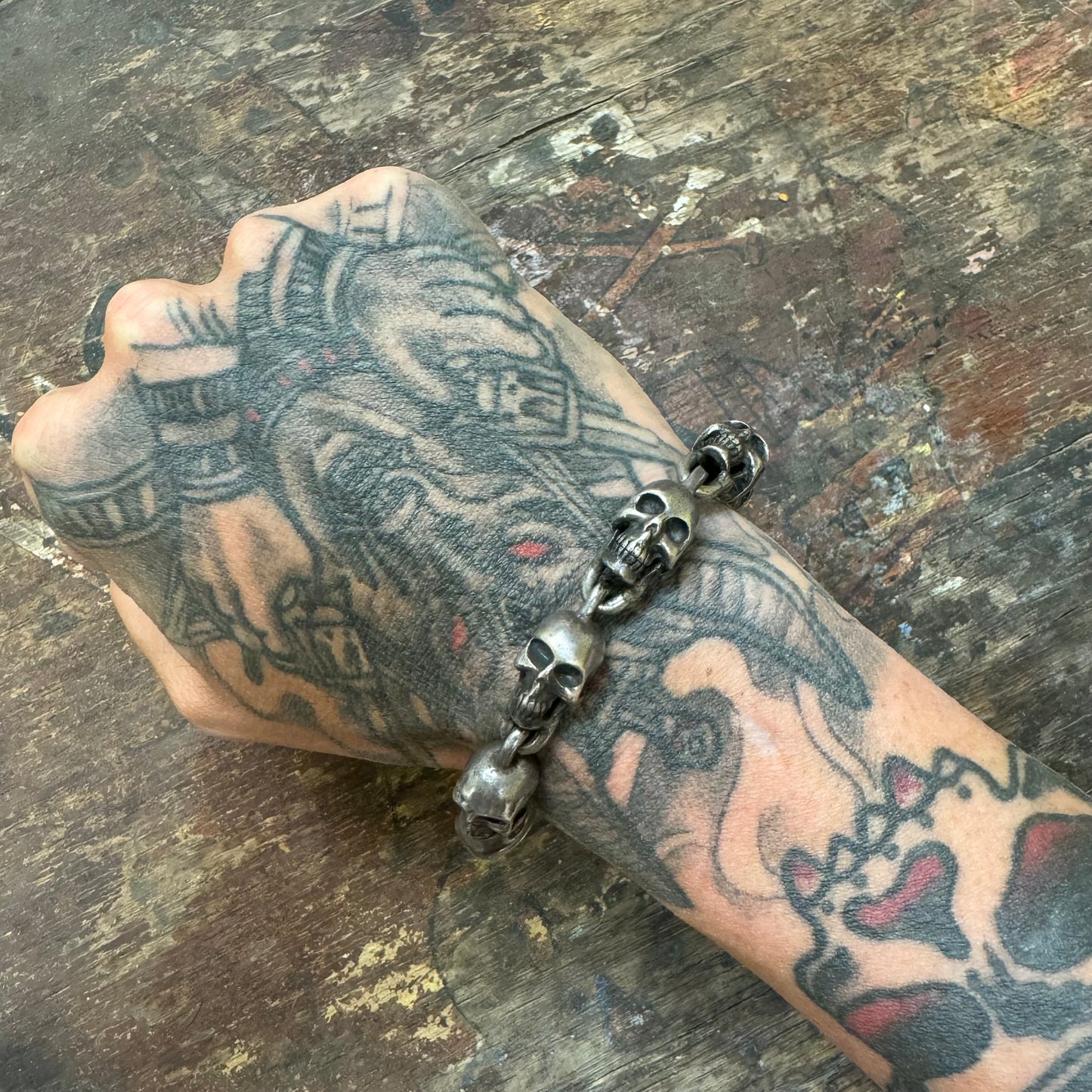 Vintage Solid Sterling/.925 Skull Bracelet (9”)