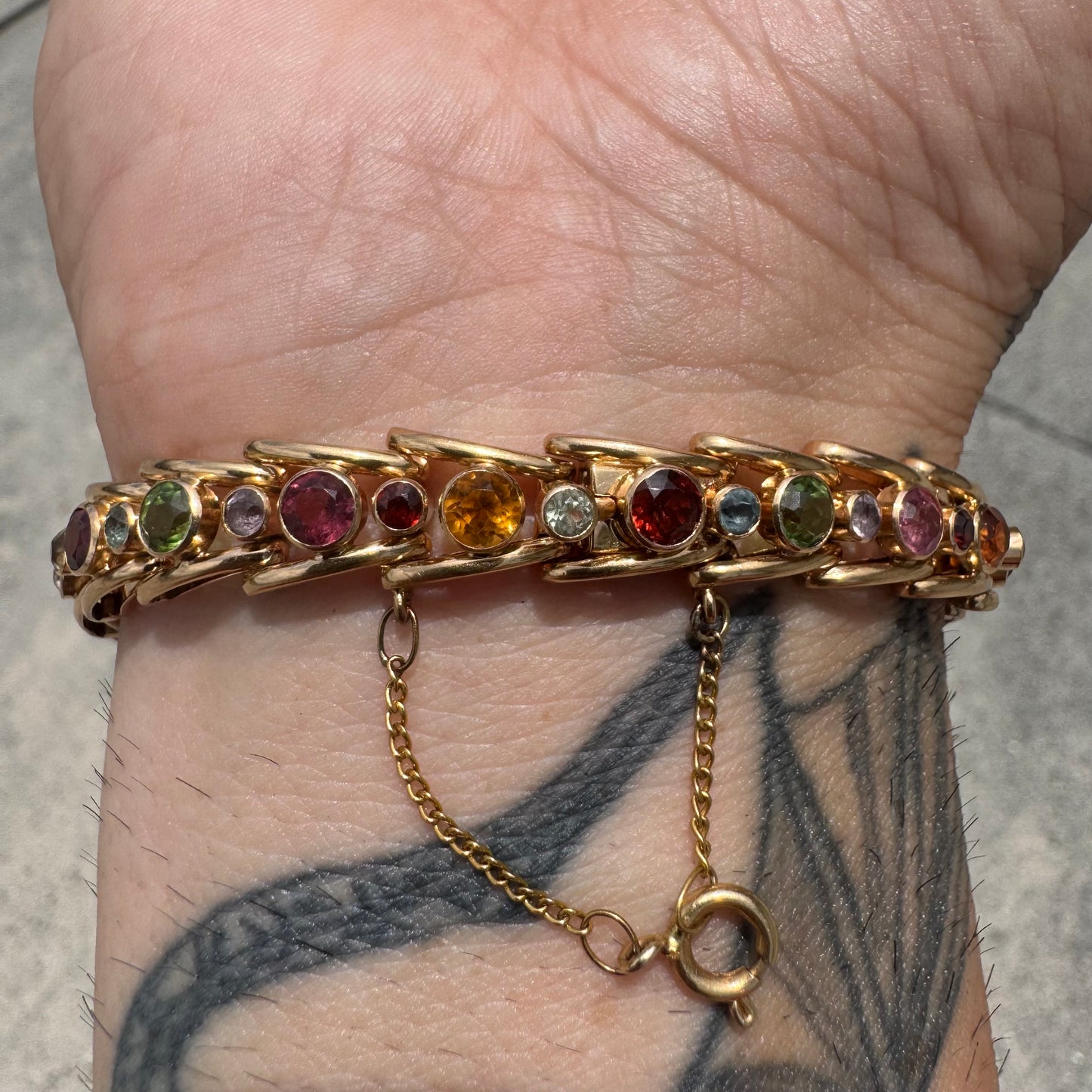 Vintage Solid 18k Gold 7.0ctw Bezel Set Natural Multi Precious Gemstone Bracelet (7.25”)