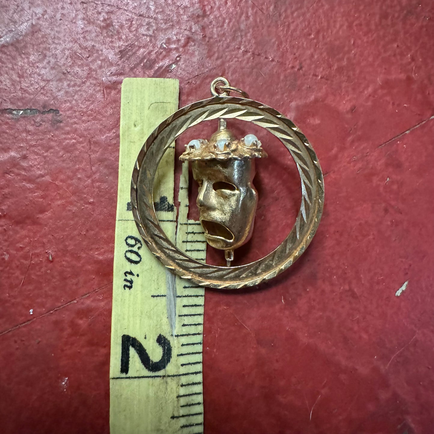 Mid Century 14k Yellow Gold Laugh Now Cry Later Spinner Pendant