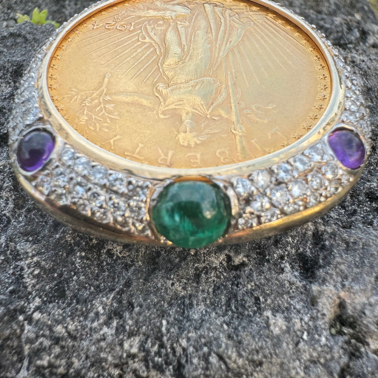 1924 St. Gaudens $20 Double Eagle 1oz Gold Coin Natural Diamond, Emerald, And Amethyst Encrusted Pendant