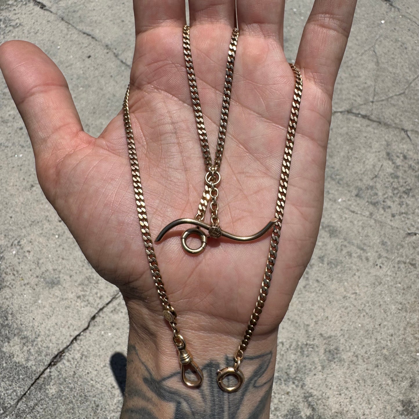 1915 Solid 14k Yellow Gold Double Albert Curb Link Watch Chain Necklace (18.5”)