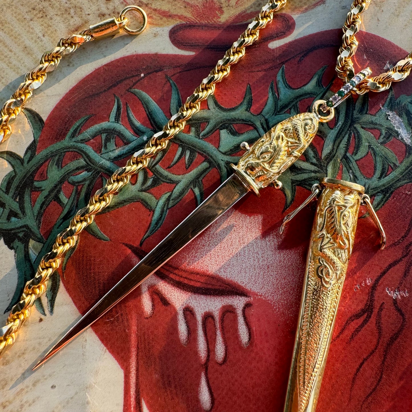 Vintage Pure 24k Solid Gold Asiatic Dragon Knife And Sheath Pendant