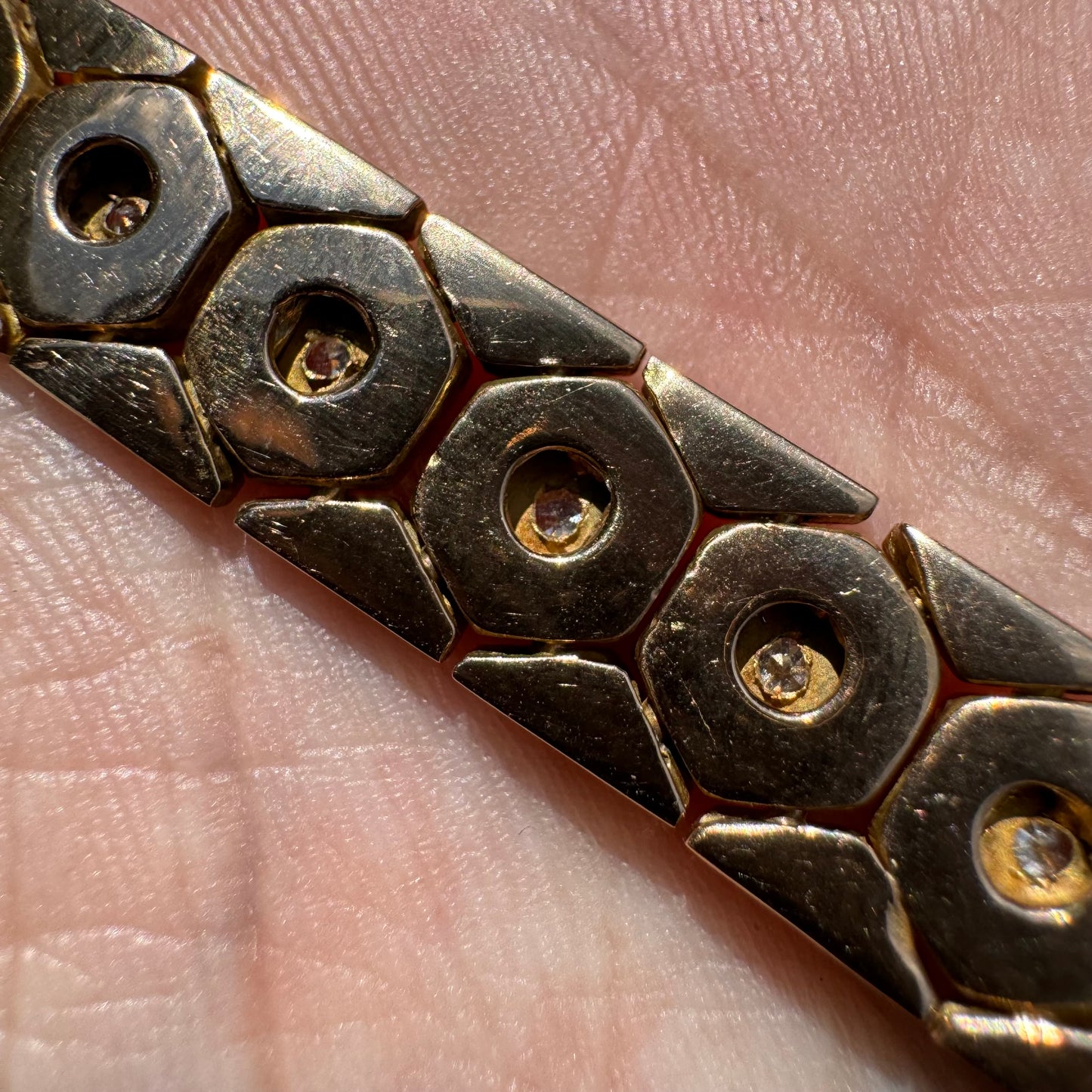 Retro 1940’s French 18k Rose Gold 1.0CTW Natural Diamond Starburst Tessellated Honeycomb Bracelet (7”)