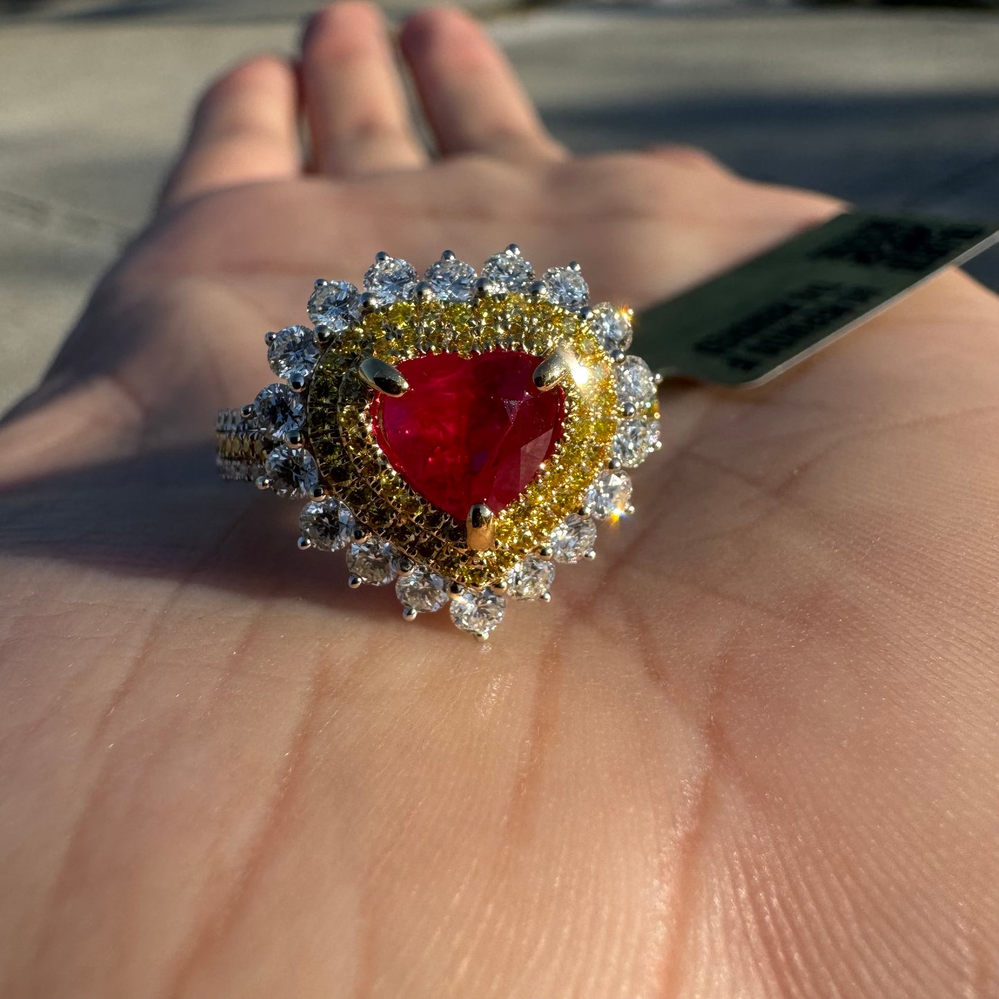 Brand New 18k White Gold 1.2ct Natural Burmese Ruby 1.32ctw Natural VS Yellow And White Diamond Heart Ring (8)