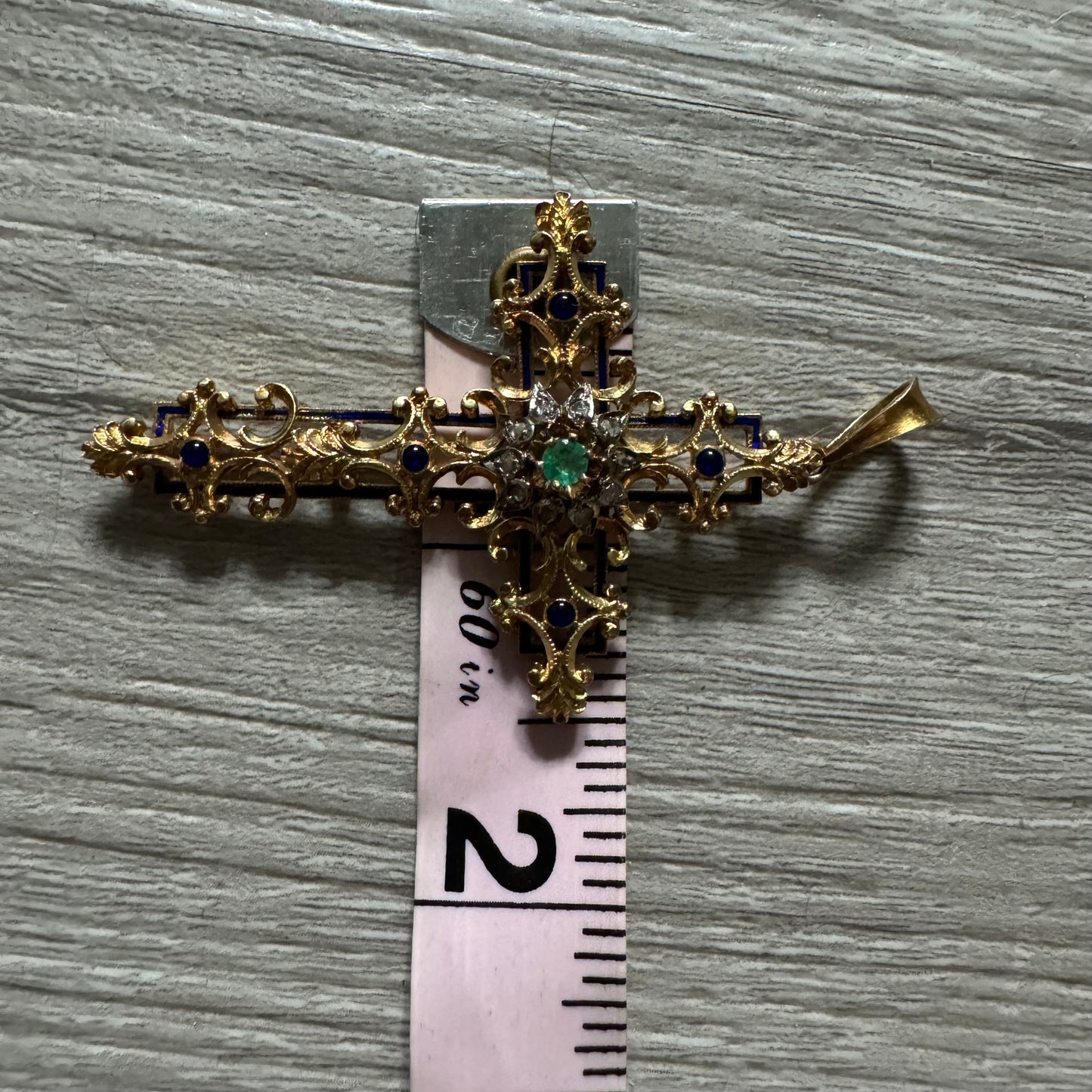 Georgian Era Solid 18k Yellow Gold Natural Rose Cut Diamond And Emerald Enamel Gothic Cross