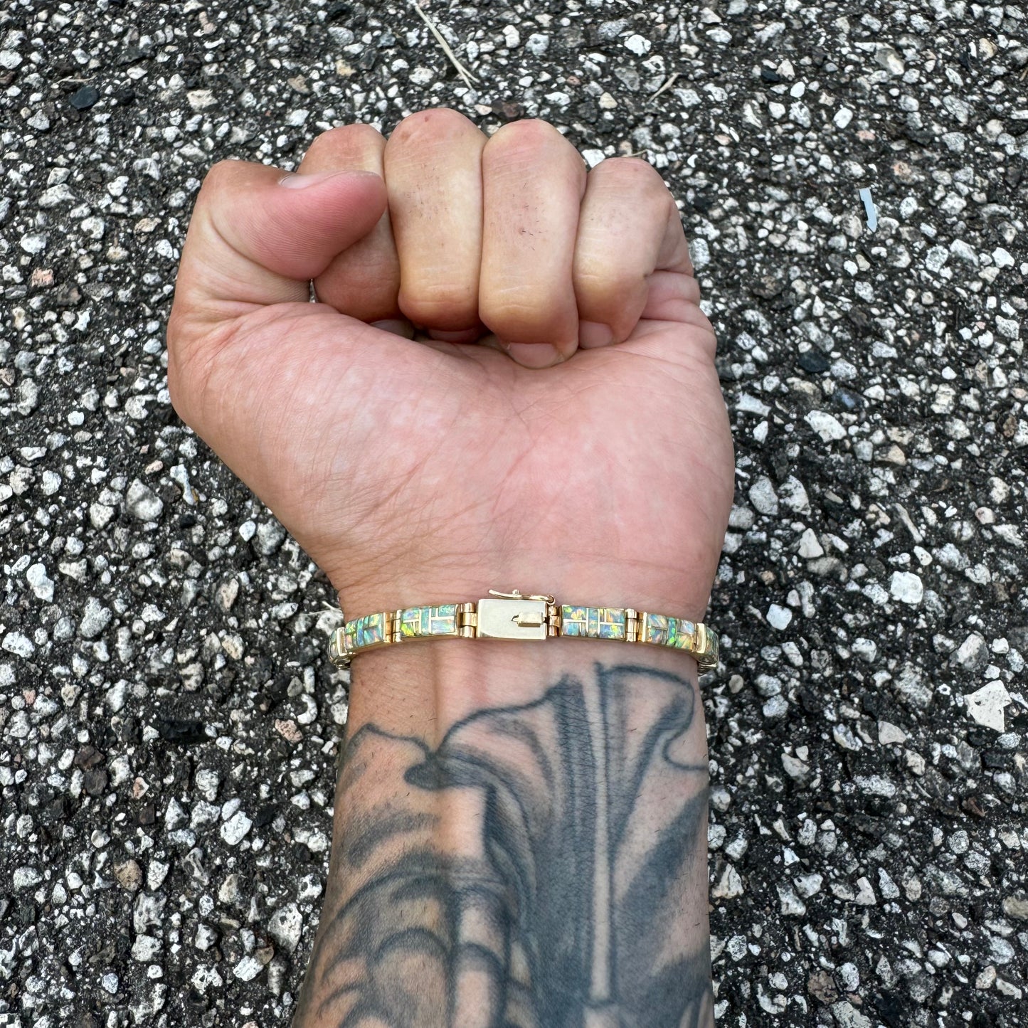 Vintage 14k Yellow Gold Mosaic Cut Opal Inlaid Bracelet (7.25”)