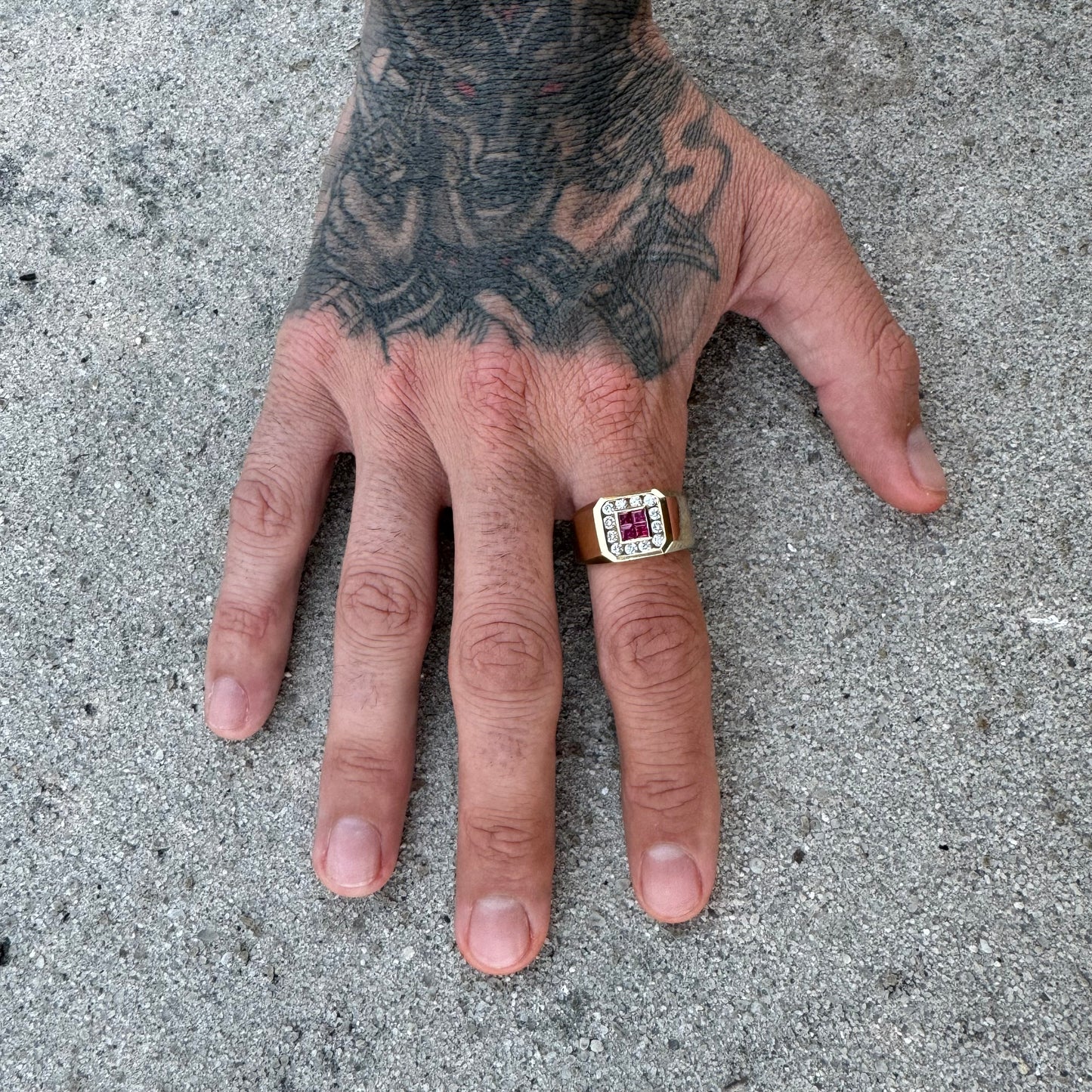 Vintage Custom Made 14k Yellow Gold .60ctw Natural Diamond And .40ctw Ruby Signet Ring (10.75)