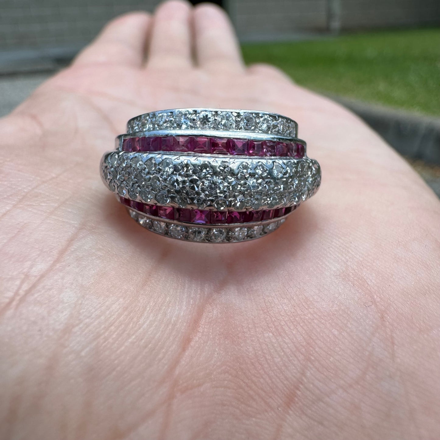 1940’s Retro Era Handcrafted 18k White Gold .73ctw Natural VS Quality Diamond And Princess Cut Ruby Flooded Step Up Ring (5.75)