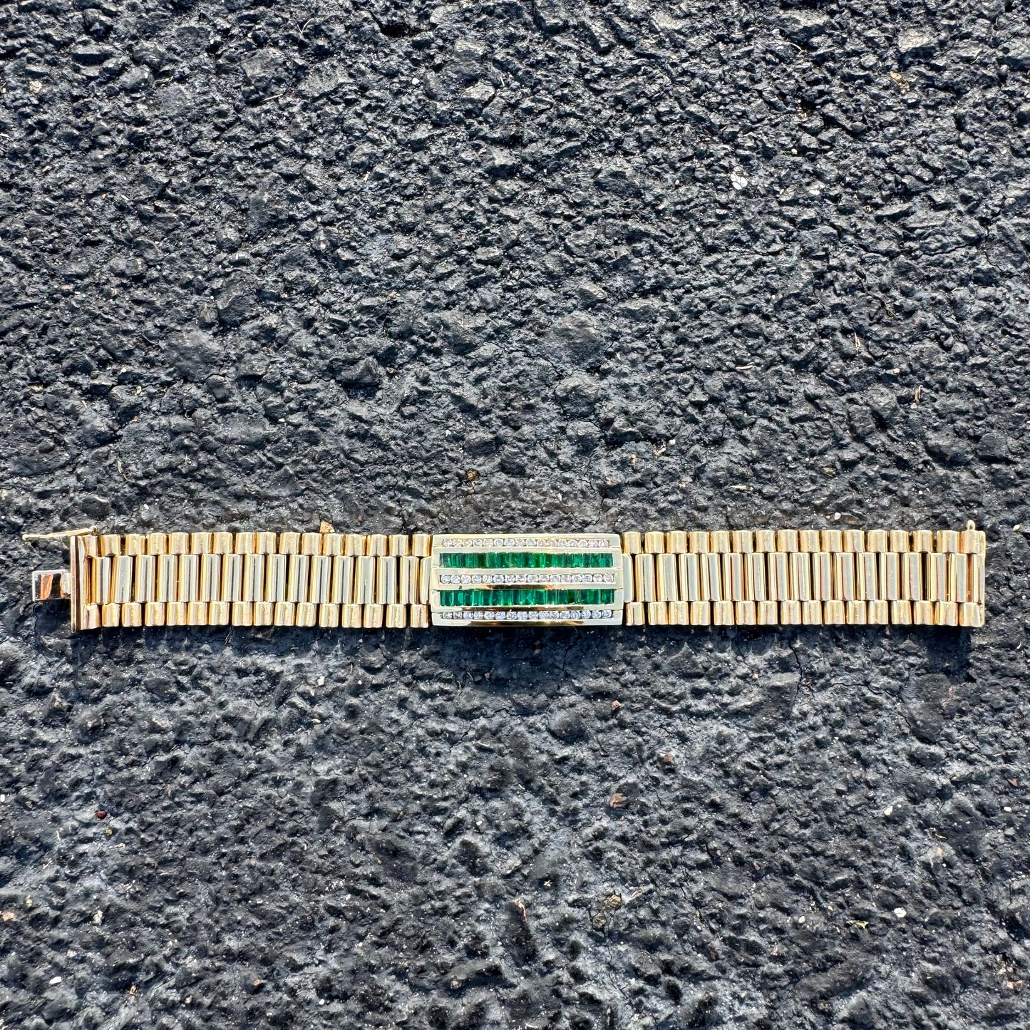 Vintage Solid 14k Yellow Gold 6.0ctw Natural Emerald 2.5ctw Natural Diamond Channel Set Jubilee Bracelet (8.25”)