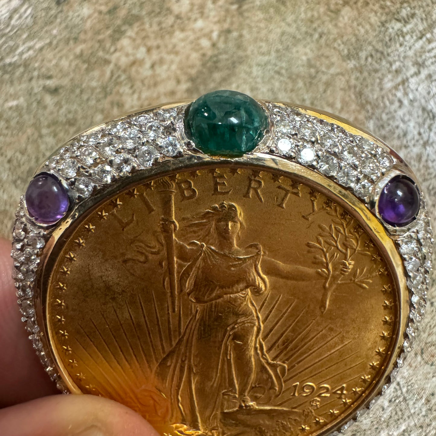 1924 St. Gaudens $20 Double Eagle 1oz Gold Coin Natural Diamond, Emerald, And Amethyst Encrusted Pendant
