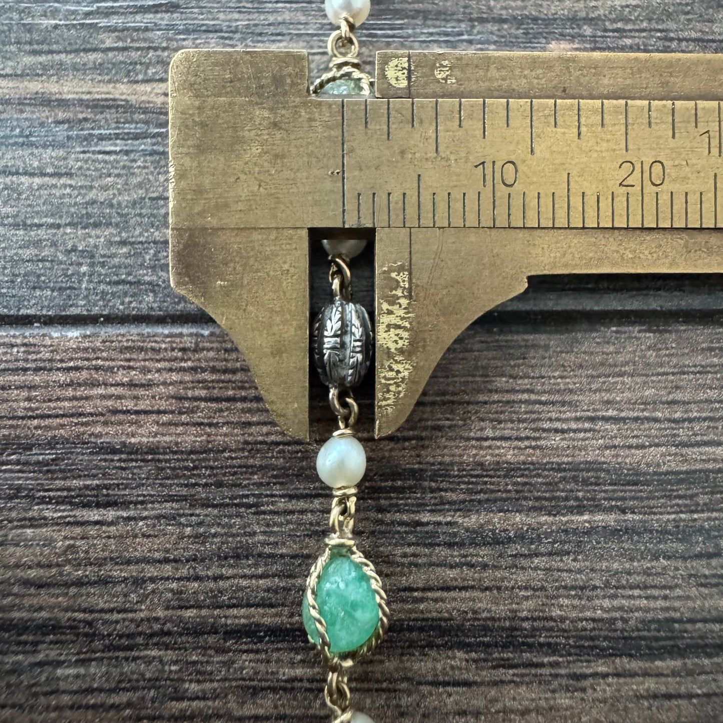 Early 1800’s Georgian Era Solid 18k Yellow Gold Sterling SIlver Rose Cut Diamond Raw Emerald Seed Pearl Bracelet (6.5”)