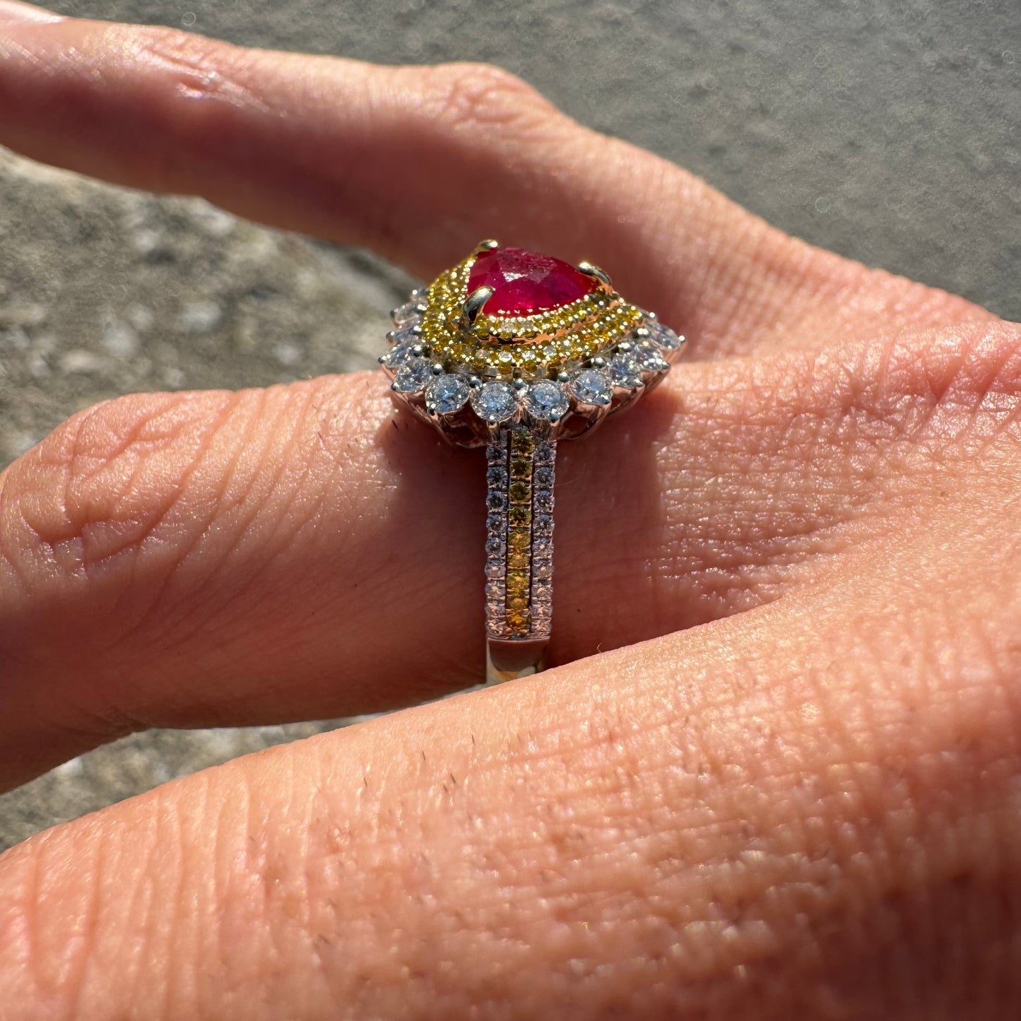 Brand New 18k White Gold 1.2ct Natural Burmese Ruby 1.32ctw Natural VS Yellow And White Diamond Heart Ring (8)