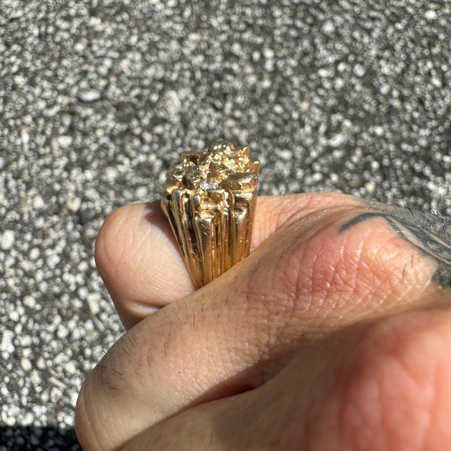 1980’s Solid 14k Yellow Gold Heavyweight .35ctw Diamond Encrusted Nugget Ring (8.5)