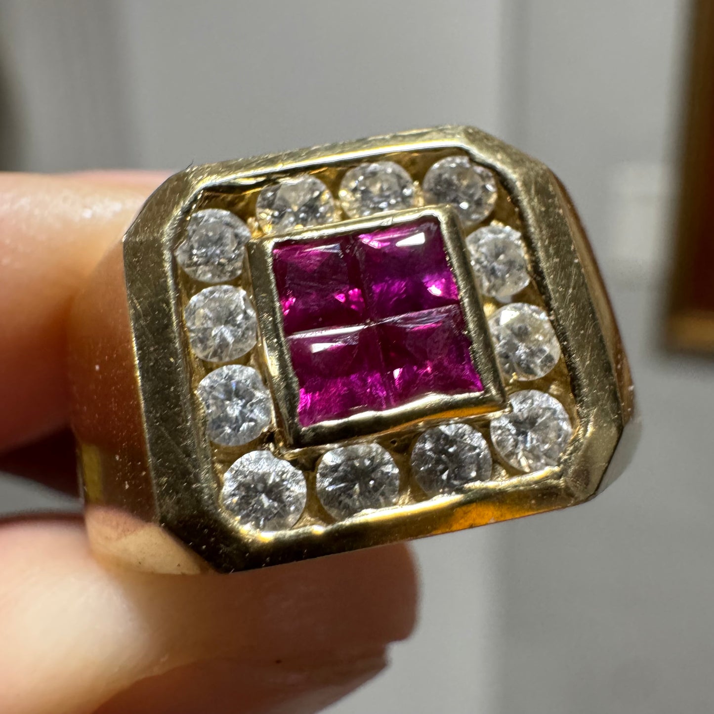 Vintage Custom Made 14k Yellow Gold .60ctw Natural Diamond And .40ctw Ruby Signet Ring (10.75)
